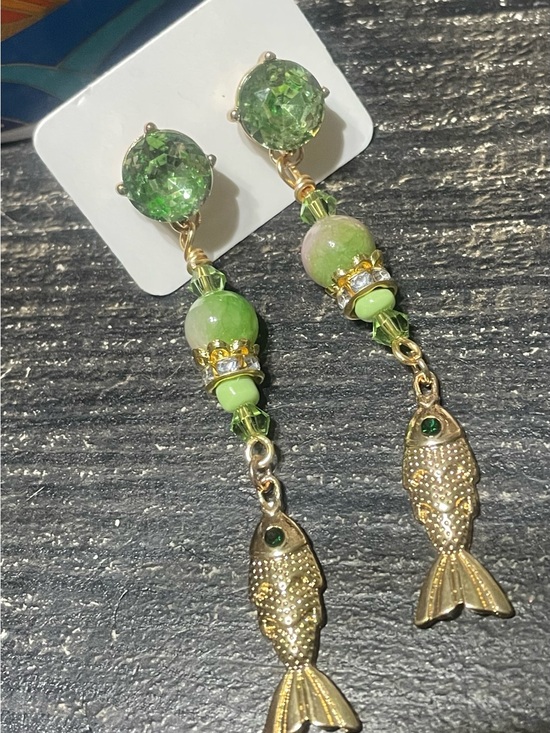 Artisan Jewelry - Handcrafted Fish Charm Earrings with Green Beads